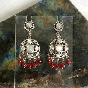 Sterling Silver 925 White Mother Of Pearl Red Beaded Chandelier Dangle Earrings